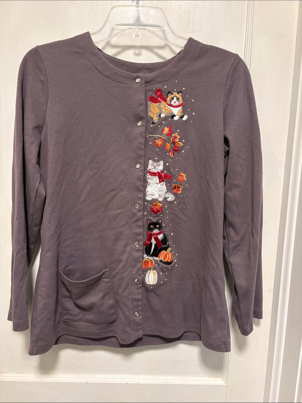 Quacker Factory 90s Fall Cat Themed Embroidered Brown Button Down Top Cardigan 8